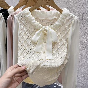 小香风针织开衫女春季设计感小众高级感雪纺拼接长袖镂空毛衣上衣