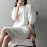 连衣裙短袖法式蕾丝镂空泡泡，袖中长款宽松显瘦大码女装，夏白色(夏白色)裙子