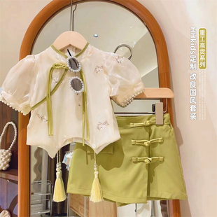 女童复古中国风盘扣汉服套装夏季宝宝中式短袖上衣短裙两件套