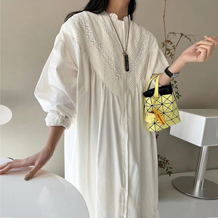 韩国chic夏季法式复古立领蕾丝，镂空拼接设计宽松灯笼，袖连衣裙长裙