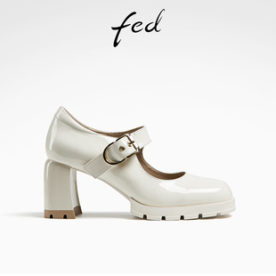 fed白色小皮鞋春季女鞋粗跟玛丽珍鞋方头单鞋女D0302-ZFA131