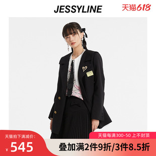 jessyline春装女装杰茜，莱黑色中长款西装，外套212107076