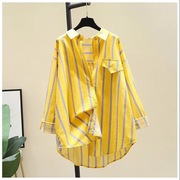 黄色条纹衬衫女2023春季韩版蝙蝠袖中长款衬衣，设计感防晒