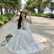 超仙v领性感露背挂脖吊带连衣裙女白色大摆长裙，海边度假沙滩裙