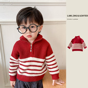 儿童毛衣男童拉链立领针织衫，秋冬过年衣服，小宝宝条纹拜年服女红色