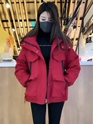 韩版纯色加绒连帽冲锋衣女2023冬季宽松工装棉服短款加厚外套