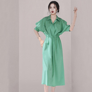 衬衫裙2023夏季女装法式polo领高端短袖气质绿色长裙连衣裙