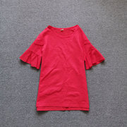 红色短袖t恤女2023夏季时尚洋气荷叶边喇叭，袖体恤打底衫上衣