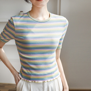 彩虹条纹短袖t恤女短款修身2021夏季ins洋气圆领减龄露腰上衣