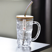 日式冰川玻璃水杯带把女生杯子，家用ins风高颜值饮料啤酒杯吸管盖