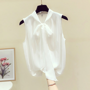 法式蝴蝶结系带白色无袖雪纺衬衫