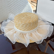 法式珍珠蕾丝麦秆平顶帽子女英伦平沿礼帽夏天防晒度假海边遮阳帽