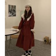温柔风法式圣诞红色长袖连衣裙子女秋冬季娃娃领显瘦气质新年战袍