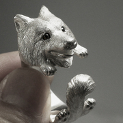 原创设计小众镶嵌萨摩边牧狗开口戒指纯银可爱小动物情侣指环