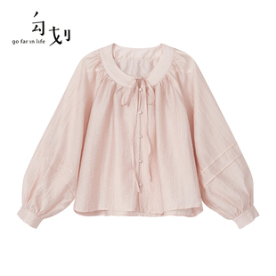 gofar勾划春季粉色长袖衬衫，女法式灯笼，袖上衣雪纺衫37841