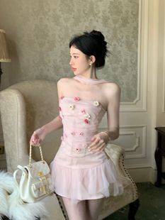 春季纯欲辣妹粉色套装女彩色立体花朵短款抹胸网纱拼接短裙两件套