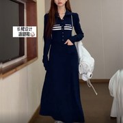 美式辣妹运d动风长袖，翻领连衣裙女2023年时尚气质设计韩收腰长裙
