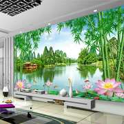 中式客厅电视背景墙，装饰壁纸壁画流水生财风景，画影视墙八骏图墙布