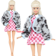毛绒豹纹短外套，格子连衣裙套装适合11.5寸巴比娃娃30cmbarbiee