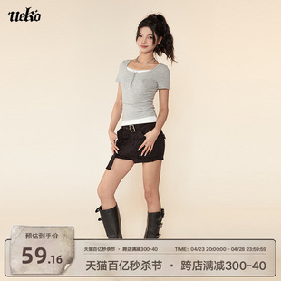 ueko美式复古蕾丝辣妹假两件t恤女夏季拼接撞色收腰显瘦短款上衣