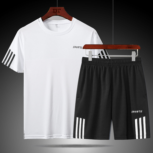 夏季男士短袖t恤休闲运动套装，宽松型男短裤，两件套跑步健身速干衣