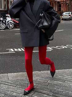 红色连裤袜女复古天鹅绒，秋冬打底裤外穿显瘦本命年紧身塑形打底袜