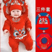 新生婴儿衣服秋冬季装连体衣，宝宝红色拜年0一3月喜庆过年冬装