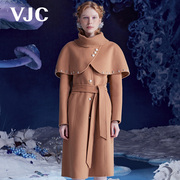 vjc威杰思秋冬女装，咖色羊毛大衣中长款可拆卸斗篷外套