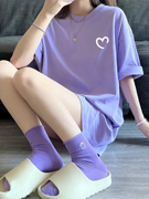 香芋紫短袖纯棉t恤女夏季2023年宽松大码休闲半袖中长款上衣