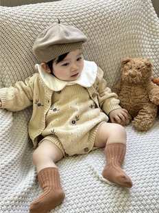 韩版童装秋冬季婴幼儿绣花开衫毛衣女童宝宝，镂空针织外套外穿毛衫