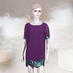 香港名师路夏季紫色亮片宽松休闲短款连衣裙（中长T恤）短袖T恤