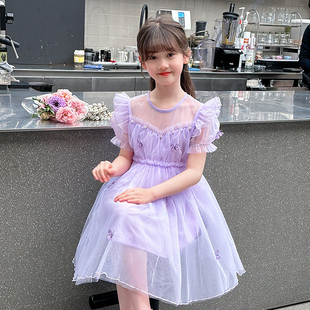 女童连衣裙夏装紫色公主，裙儿童时髦洋气，蓬蓬纱女宝宝短袖礼服裙子