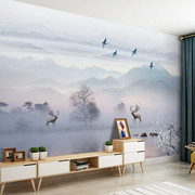 现代中式水墨山水壁纸，抽象麋鹿影视墙布，壁画客厅沙发电视背景墙纸