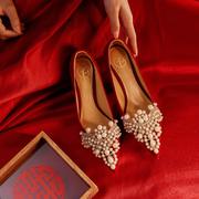红色婚鞋女秀禾婚纱两穿2023年中式孕妇低跟平底新娘，鞋不累脚