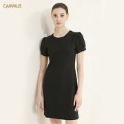 canvaus夏季短袖连衣裙女宽松气质，韩系小个子泡泡，袖圆领中腰裙子