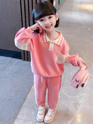 女童春款粉红色翻领卫衣，套装2023春秋装，儿童洋气运动服两件套