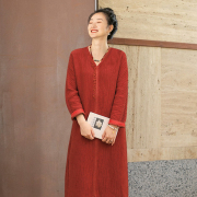 复古文艺肌理棉手工刺绣染色红色连衣裙 长袖袍子