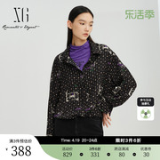 xg雪歌通勤简约碎花长袖，衬衫2023冬季黑色，桑蚕丝翻领上衣女装