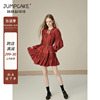 复古红色宽松连衣裙女夏季法式高级感长袖，系带v领娃娃裙