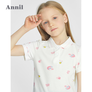 安奈儿女童翻领印花短袖T恤夏季学院风针织衫半袖甜美洋气中大童