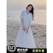 娃娃领白色连衣裙女夏2023高腰显瘦法式初恋温柔风蛋糕长裙子