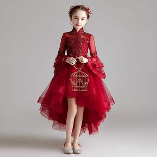 女童礼服高端结婚伴童花童前短后长红色公主裙儿童主持人演出服