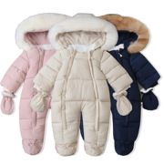 婴儿冬装毛领连帽加绒加厚连体衣冬季儿童带手套宝宝保暖外出衣服