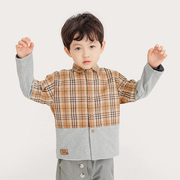 纯一良品童装格子针织拼接衬衣男童磨毛长袖衬衫宝宝上衣90-130码