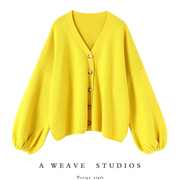 重磅加厚!柠檬黄灯笼，袖粗针v领羊绒开衫，女纯羊绒毛衣针织开衫