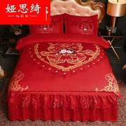 新婚庆床裙款四件套全棉被套大红色结婚床品1.8米床套床盖床罩式