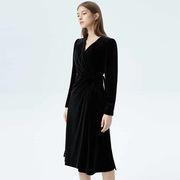 朗姿法式收腰显瘦气质黑色长裙2023秋冬高级感优雅丝绒连衣裙