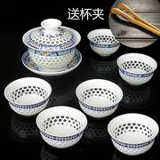 冰晶蜂巢玲珑陶瓷茶具，整套镂空青花金线，功夫茶具盖碗茶杯套装