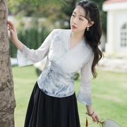 2023夏季中国风女装，复古水墨印花对襟，交领汉服旗袍唐装上衣el
