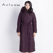 Anlom/娅奴羽绒服女酒红中长款时尚轻便宽松白鸭绒冬季连帽外套